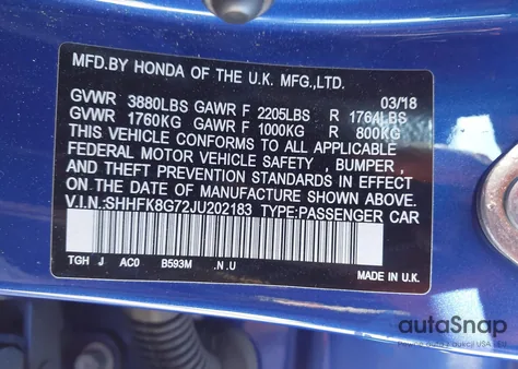 2018 Honda Civic Type R Touring z USA, uszkodzony, nr VIN SHHFK8G72JU202183